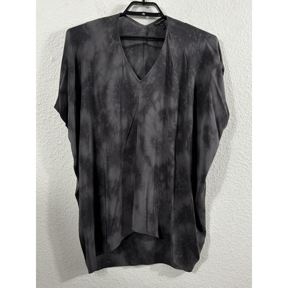 Eileen Fisher Tunic Shirt Womens Small Gray Tie Dye V Neck 100% Silk Oversized